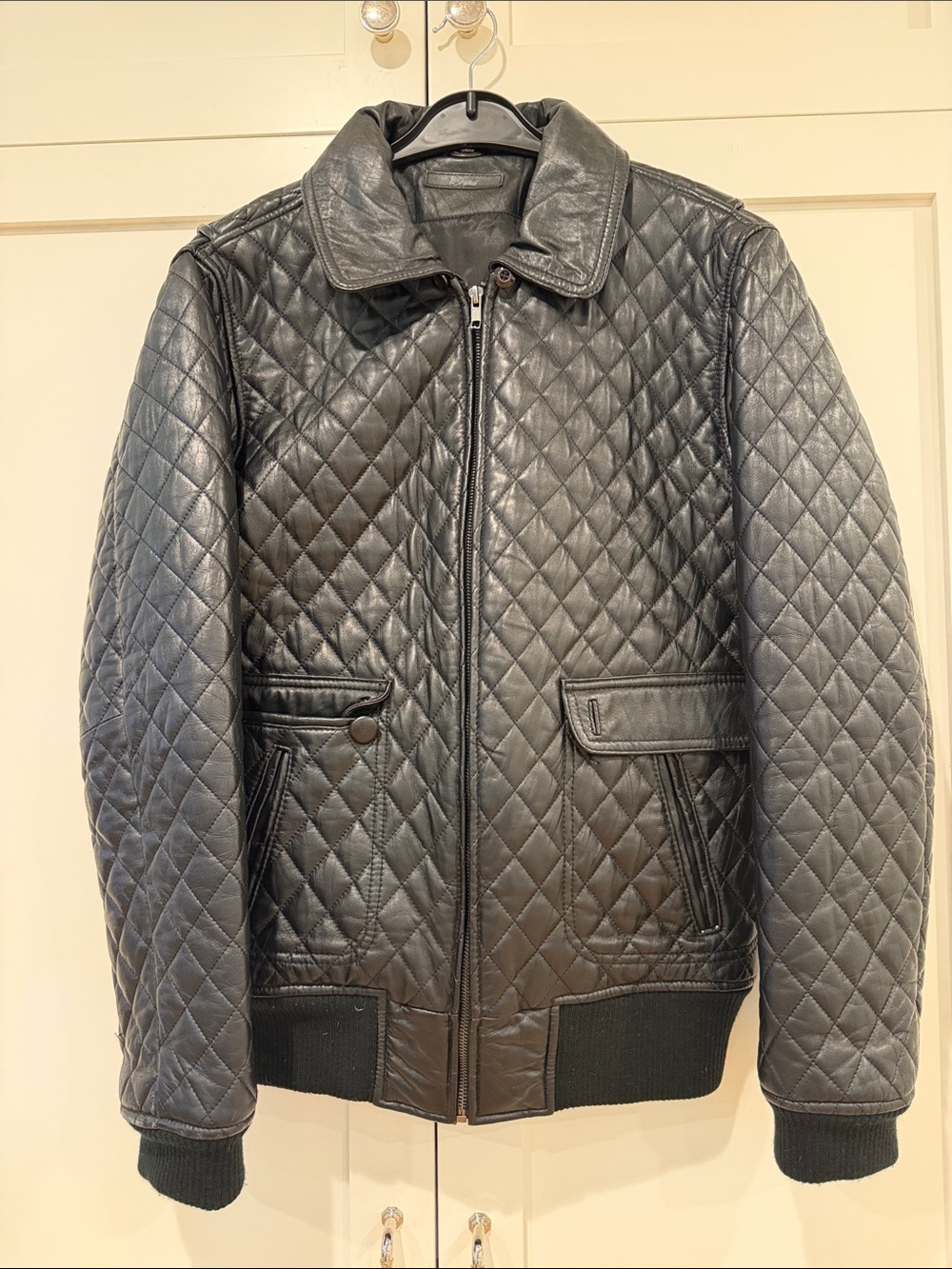 Quilted Black Leather Bomber Jacket - Men